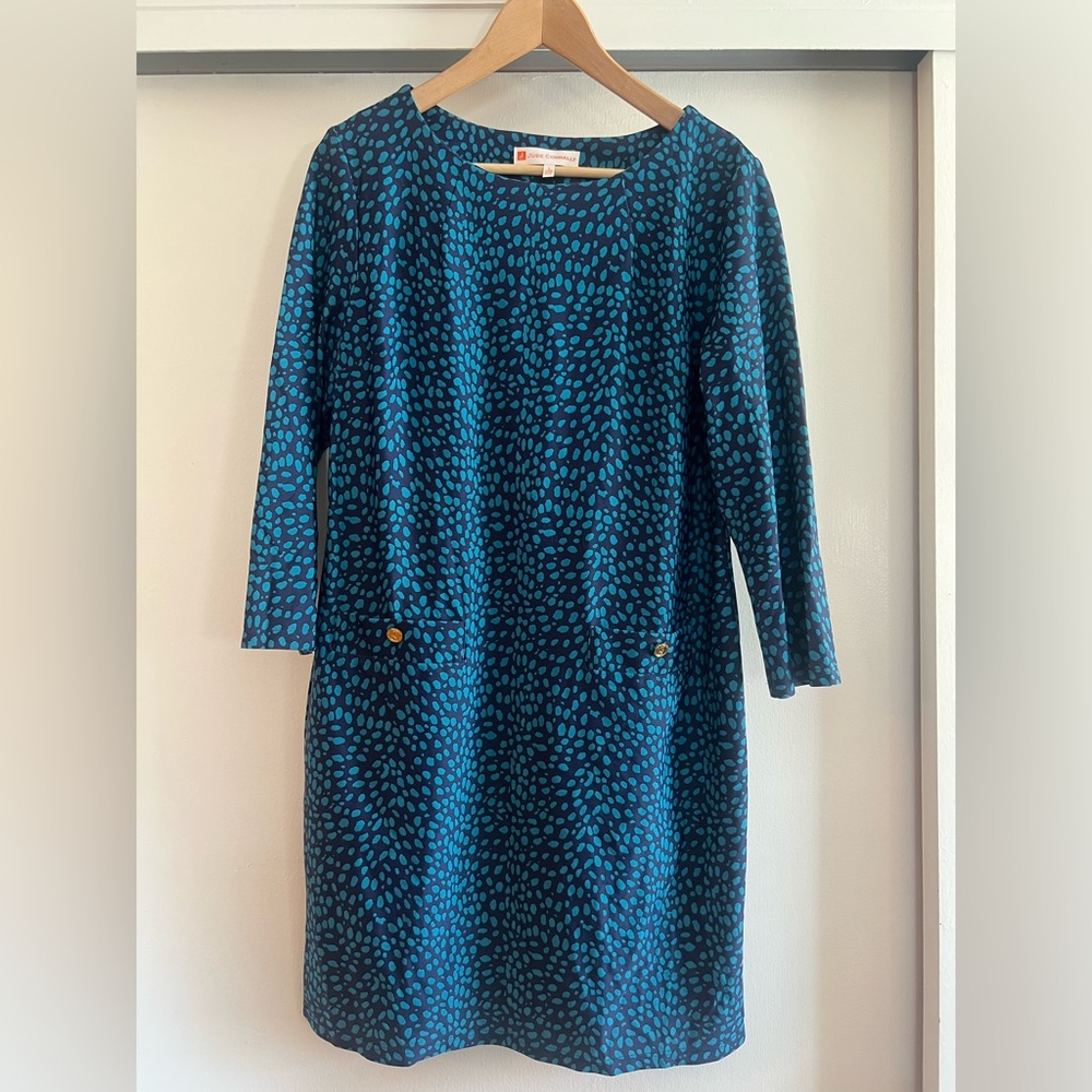 Jude Connally Marlowe Blue Dot Shift Dress Slinky Jersey Preppy Modern Coastal